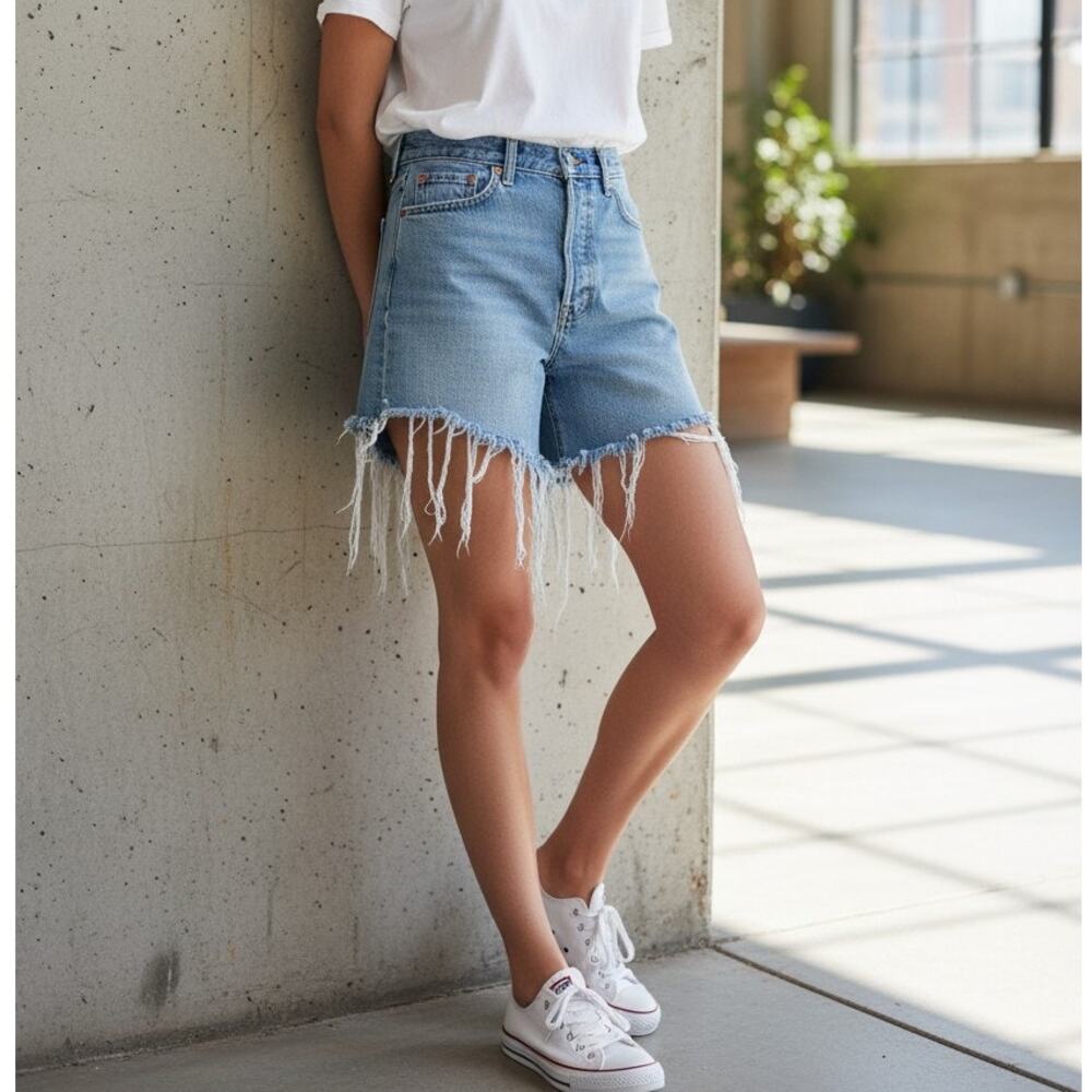 Levi's Wedgie Skinny Raw Hem Distressed Cut Off Denim Shorts Light Wash Size 26